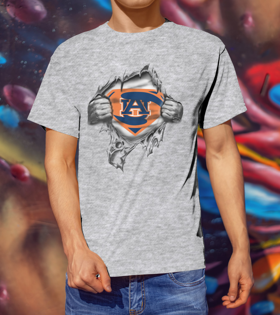Auburn University Au Logo Superhero Emblem Ripping Through Gray T-Shirt