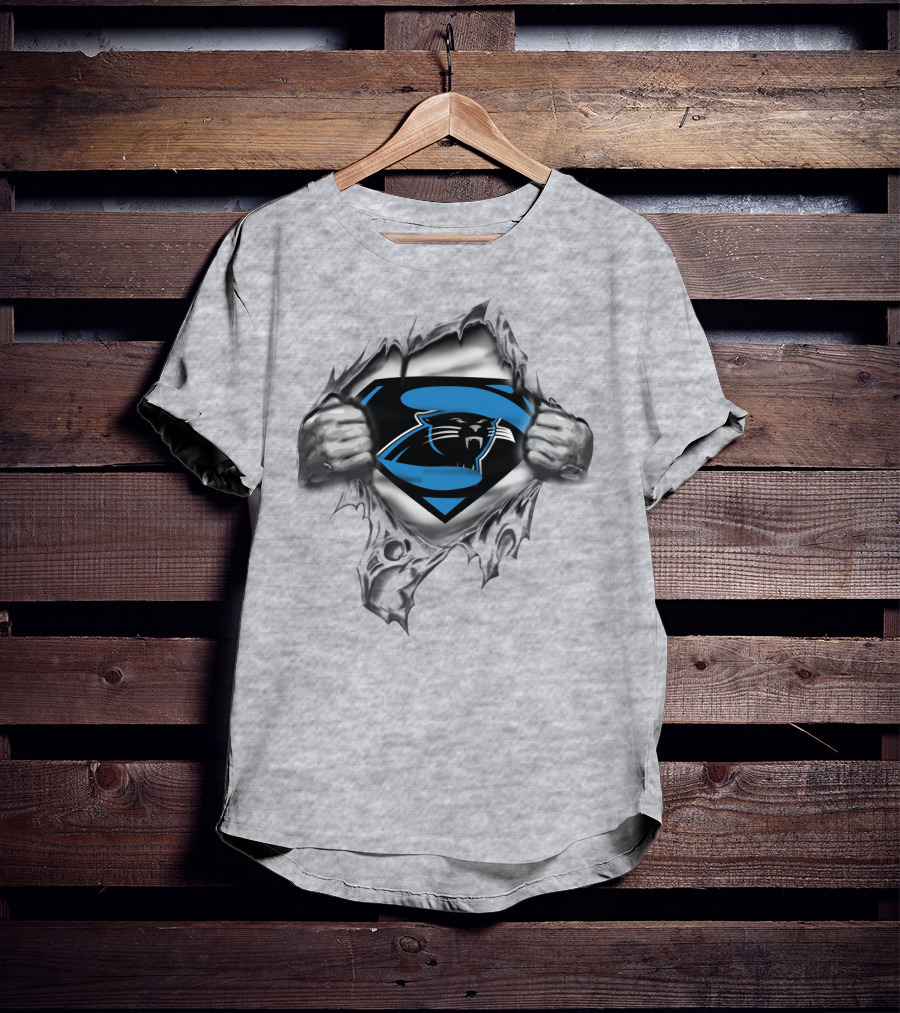 Superman Carolina Panthers Logo Crossover Busting Through T-Shirt