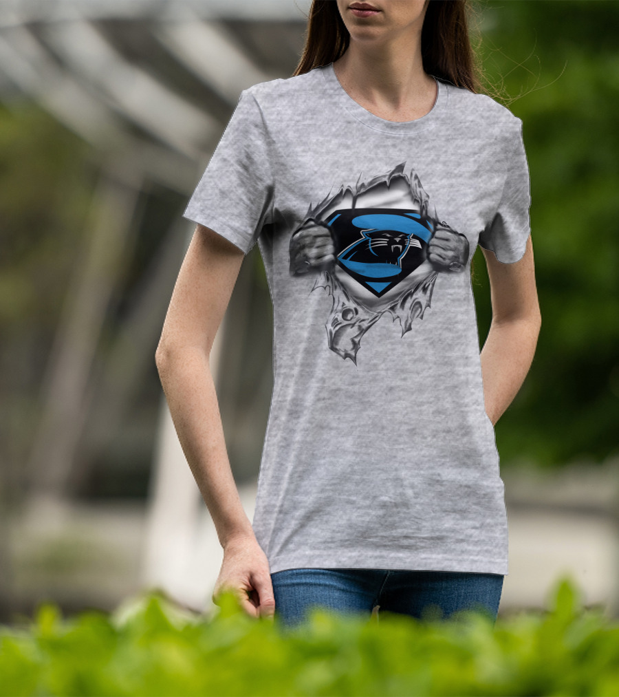 Superman Carolina Panthers Logo Crossover Busting Through T-Shirt