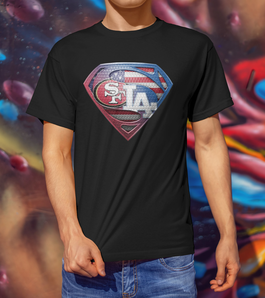 SPB 002 SF LA American Flag Superhero Emblem T-Shirt