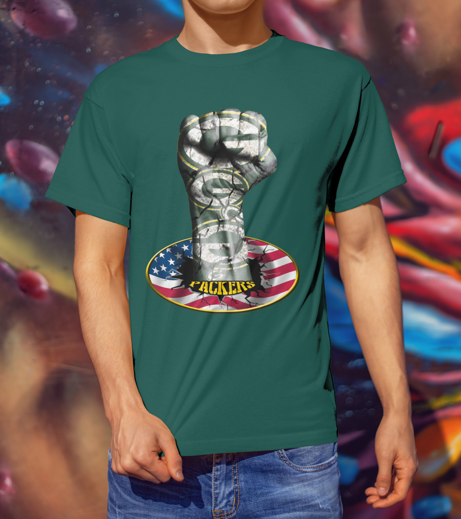 Fist With Green Bay Packers Logo On Cracked American Flag T-Shirt