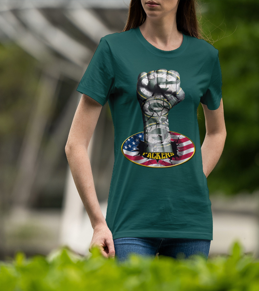 Fist With Green Bay Packers Logo On Cracked American Flag T-Shirt