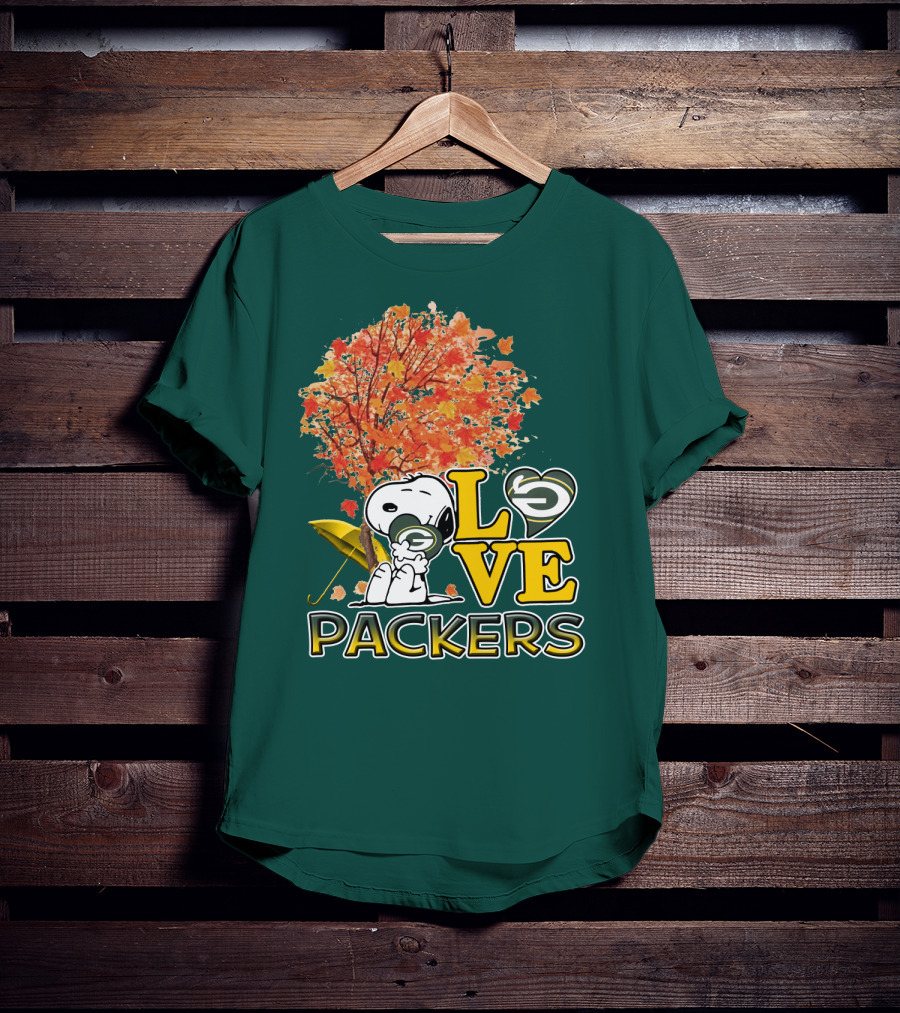 Love Packers Snoopy Green Bay Packers Autumn Tree T-Shirt