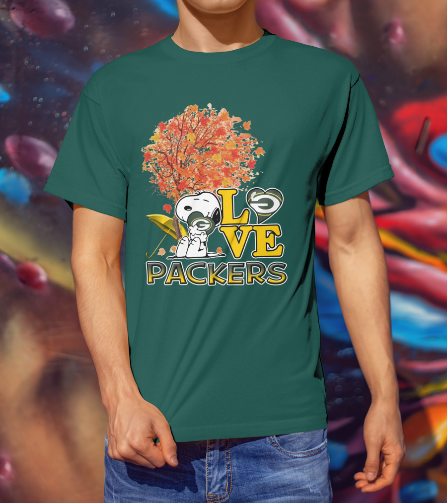 Love Packers Snoopy Green Bay Packers Autumn Tree T-Shirt