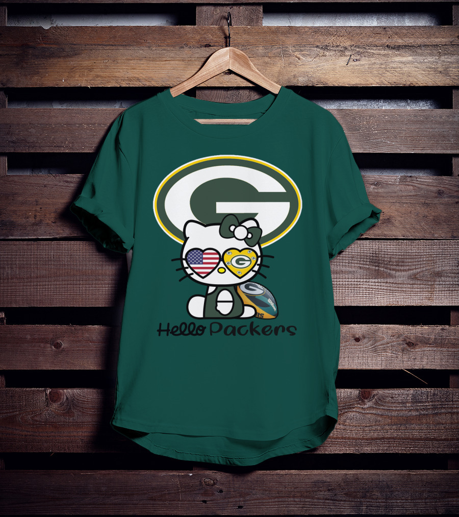 Hello Packers Green Bay Packers Football Fan Art Featuring Kitty With American Flag Heart T-Shirt