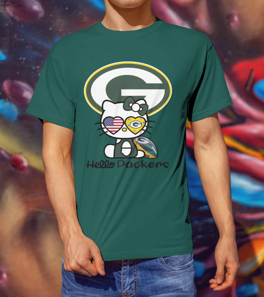 Hello Packers Green Bay Packers Football Fan Art Featuring Kitty With American Flag Heart T-Shirt