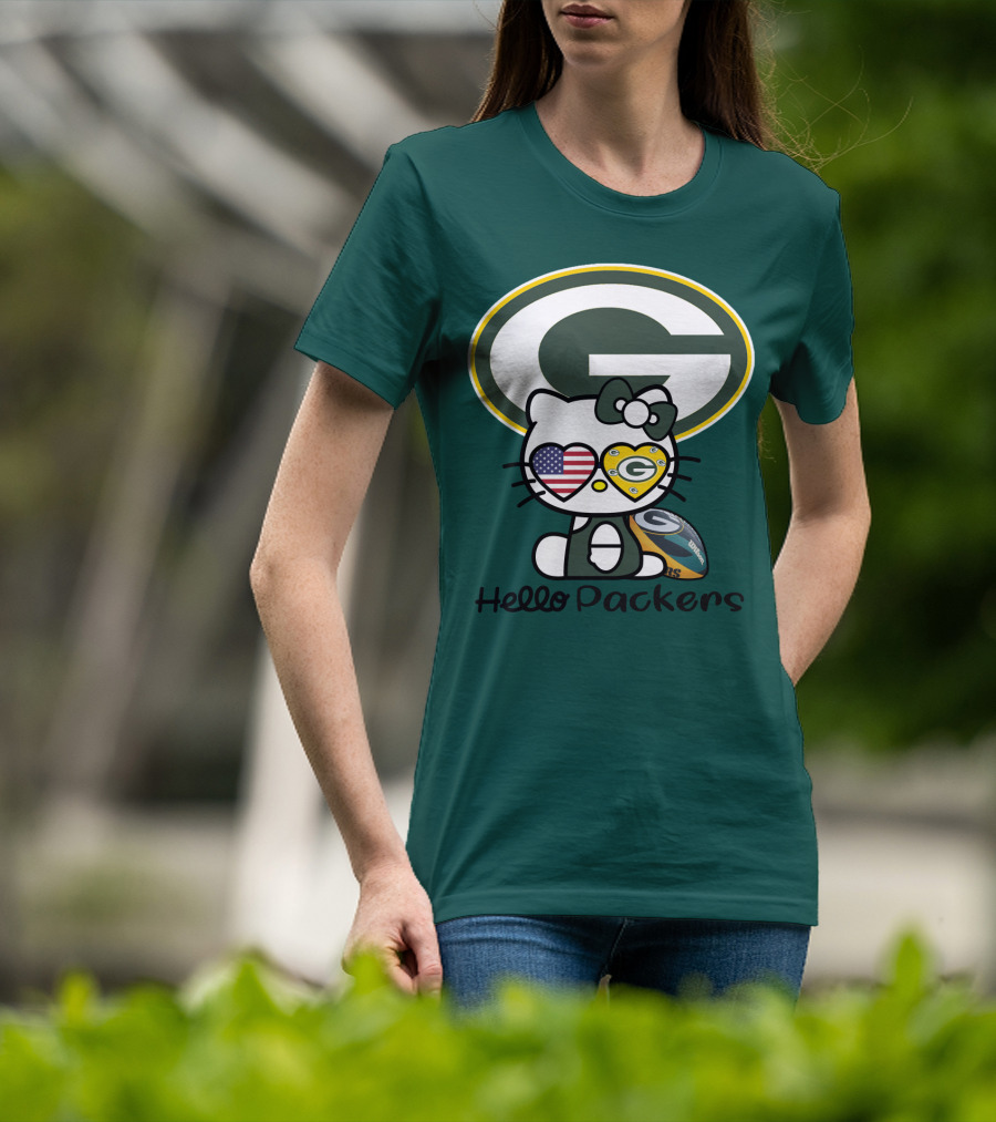 Hello Packers Green Bay Packers Football Fan Art Featuring Kitty With American Flag Heart T-Shirt