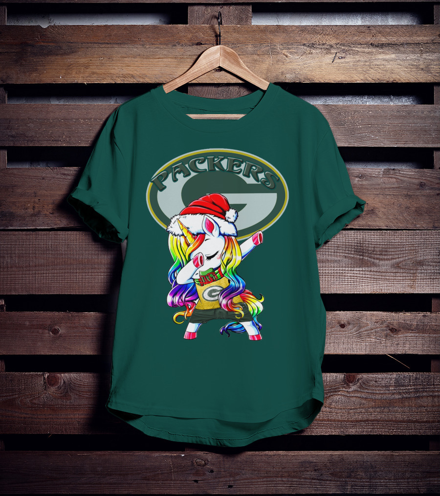 Packers Unicorn Dabbing Santa Hat Green Gold T-Shirt