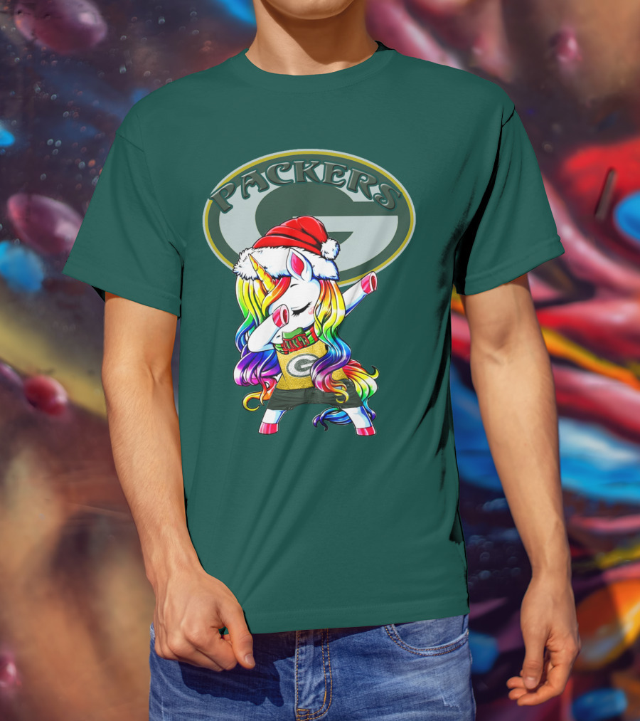 Packers Unicorn Dabbing Santa Hat Green Gold T-Shirt
