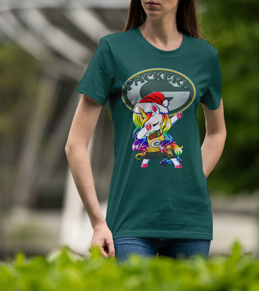 Packers Unicorn Dabbing Santa Hat Green Gold T-Shirt