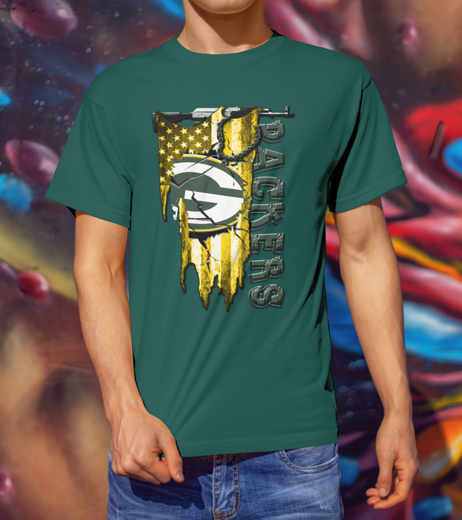 Green Bay Packers American Flag Cracked T-Shirt
