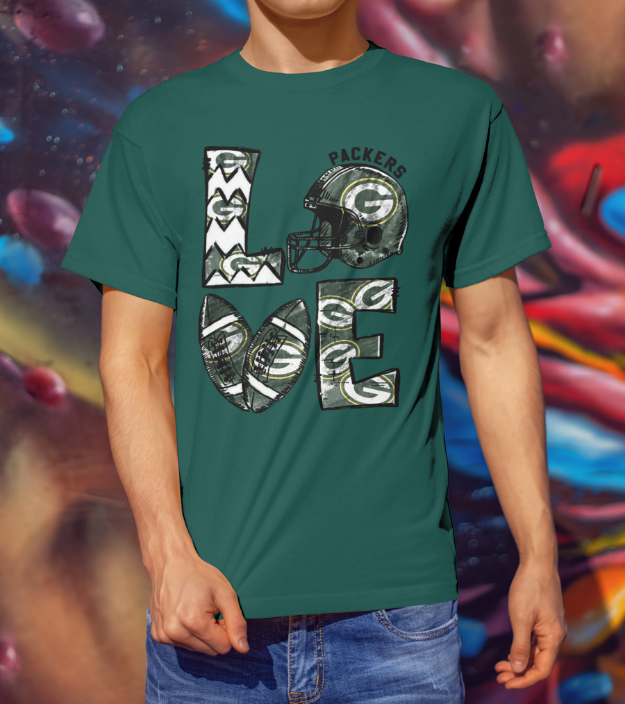 Packers Love Football Helmet And Ball Green Bay Packers T-Shirt