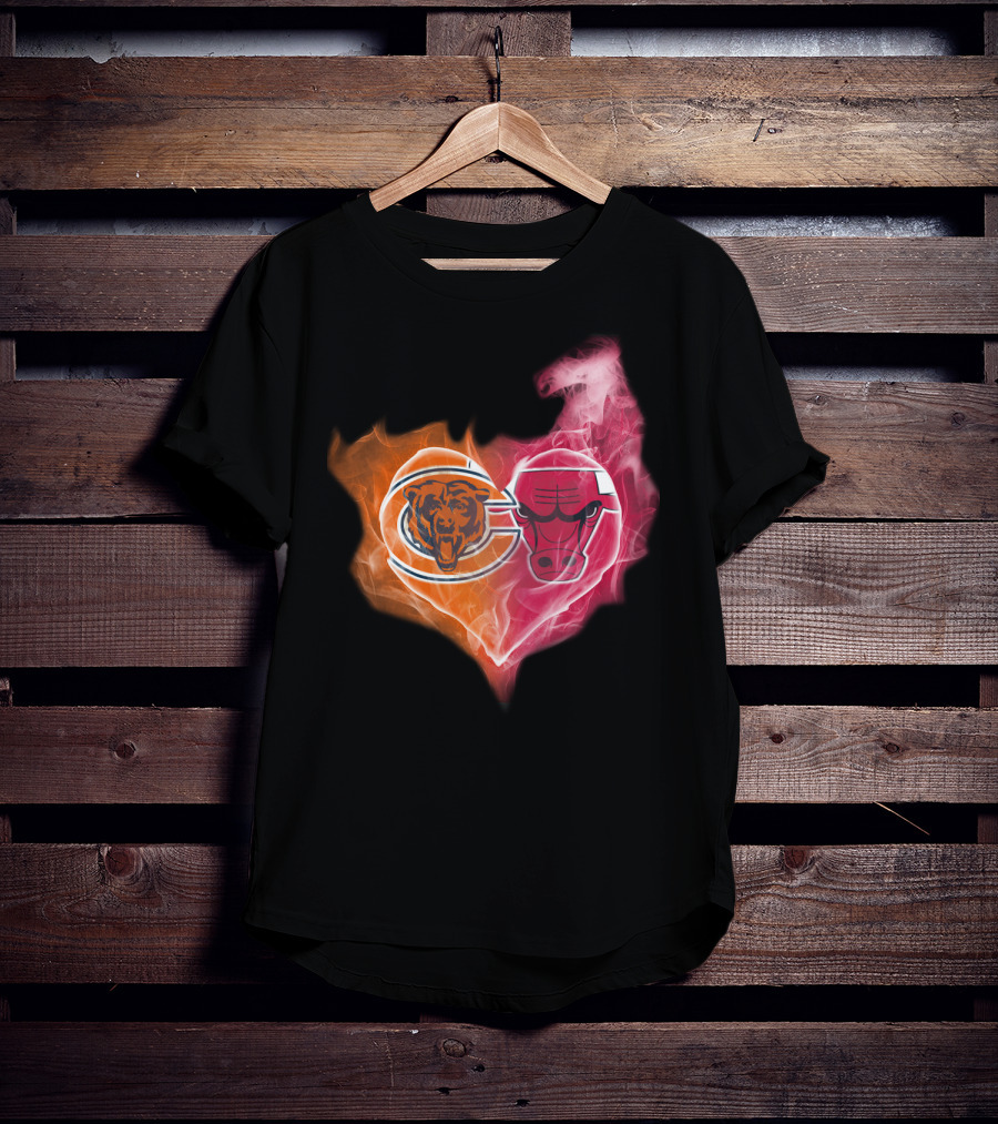 Chicago Bears And Chicago Bulls Heart Flames T-Shirt