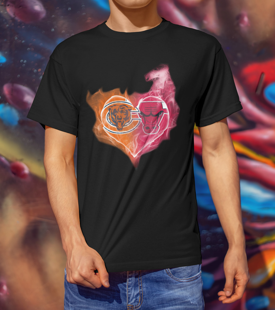 Chicago Bears And Chicago Bulls Heart Flames T-Shirt