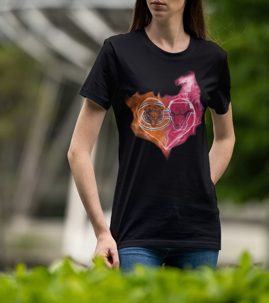 Chicago Bears And Chicago Bulls Heart Flames T-Shirt