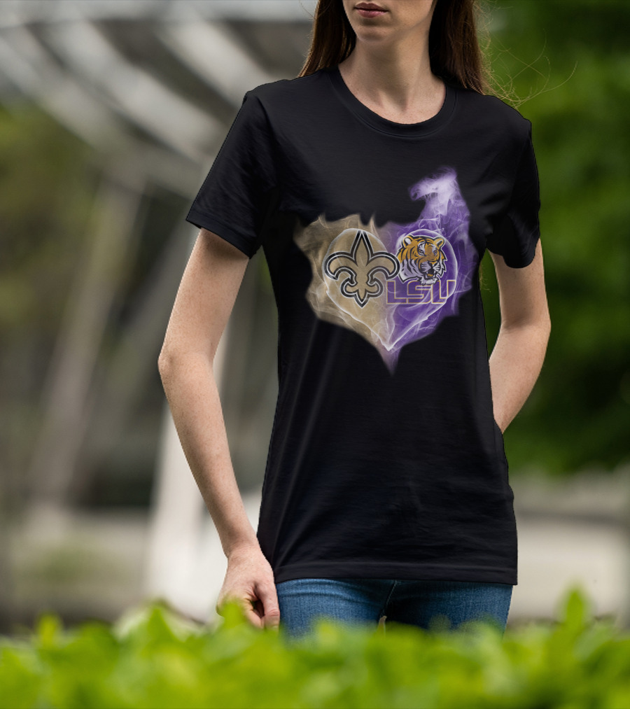 New Orleans Saints Fleur-De-Lis And Lsu Tigers Logo Heart T-Shirt