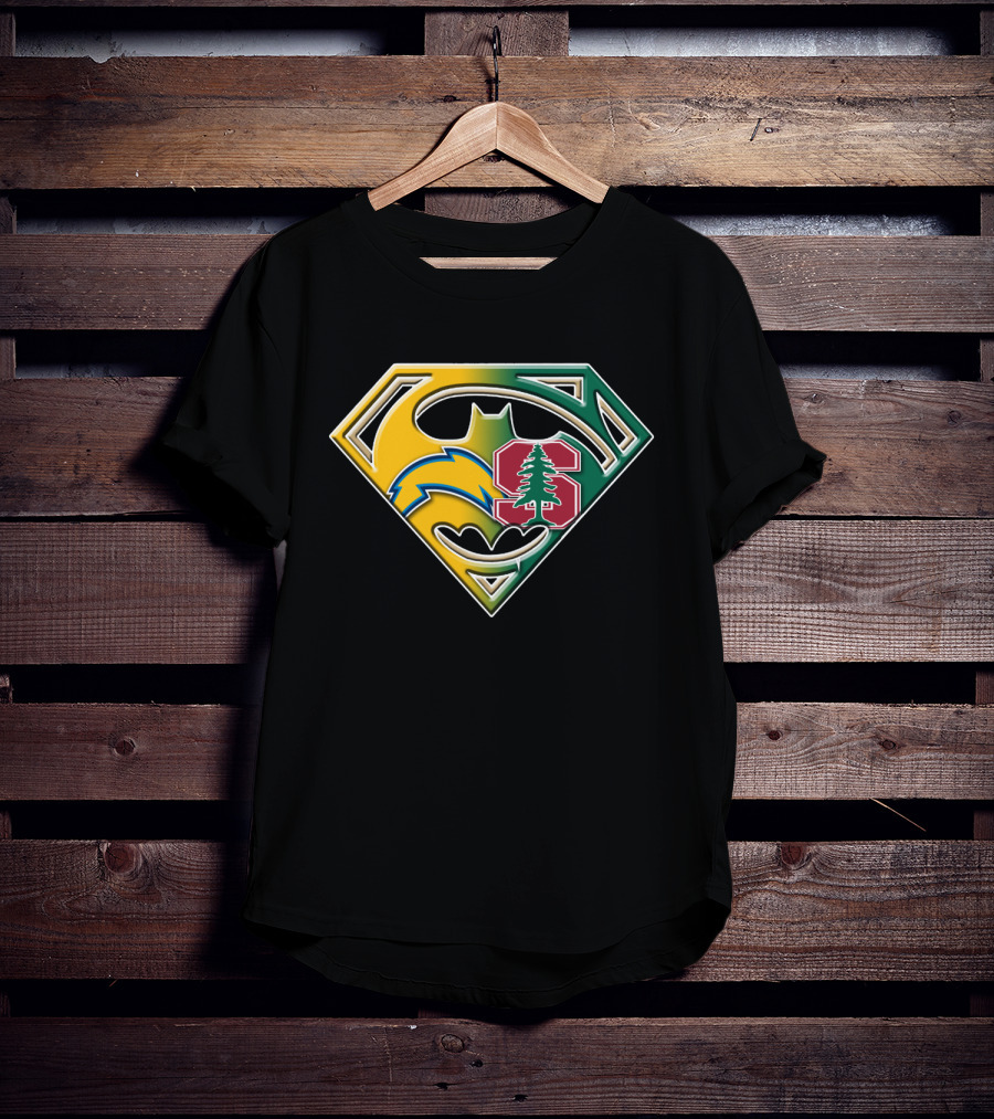 Los Angeles Chargers And Stanford Cardinal Bat Superman Logo Fusion T-Shirt