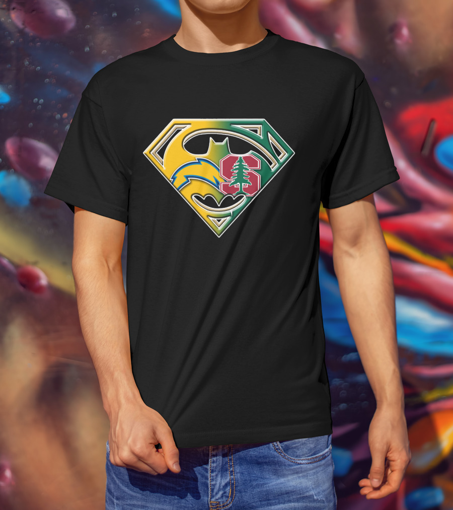 Los Angeles Chargers And Stanford Cardinal Bat Superman Logo Fusion T-Shirt