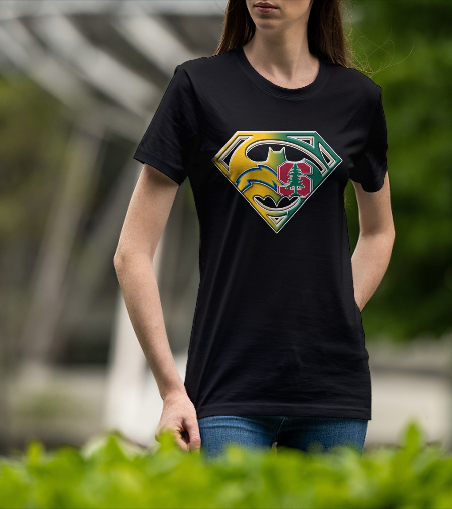Los Angeles Chargers And Stanford Cardinal Bat Superman Logo Fusion T-Shirt