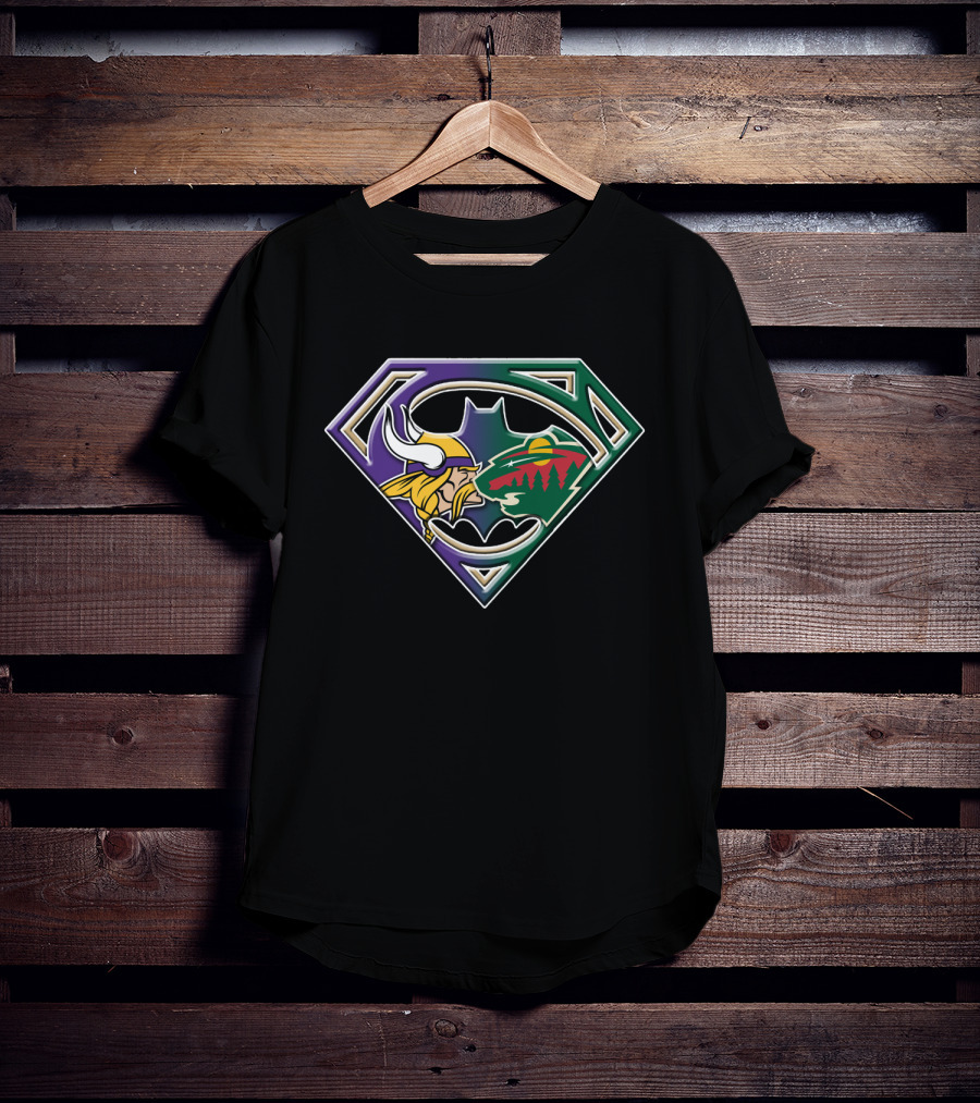 Batman Superman Minnesota Vikings And Wild Logo Fusion T-Shirt