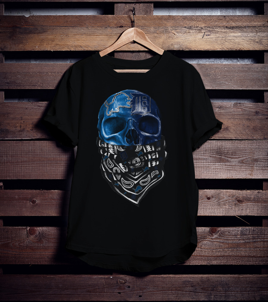 Detroit Lions And Tigers Skull Bandana Blue T-Shirt