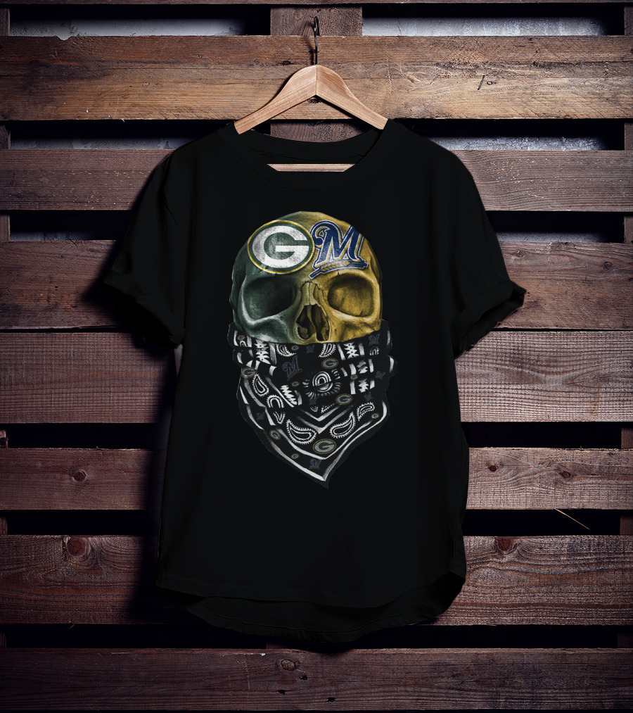 Green Bay Packers And Milwaukee Brewers Skull Bandana T-Shirt