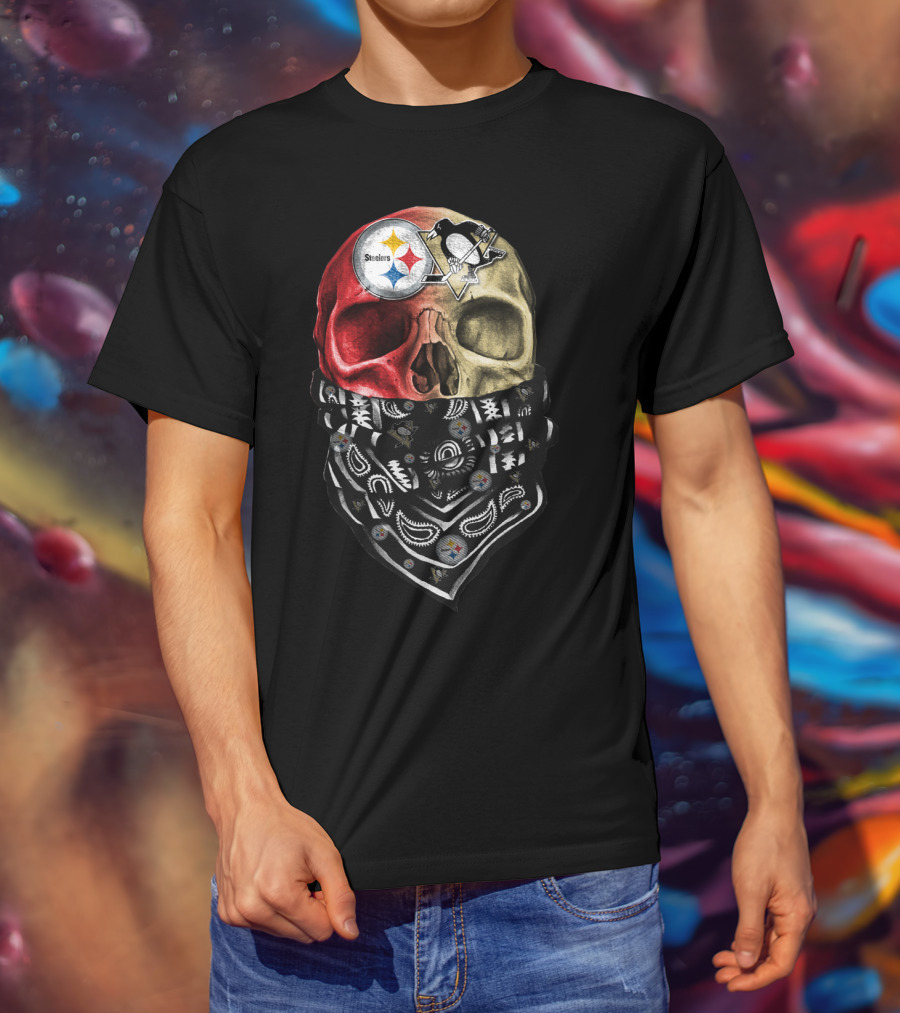 Steelers And Penguins Dual Skull Bandana Art On Sku 114 T-Shirt