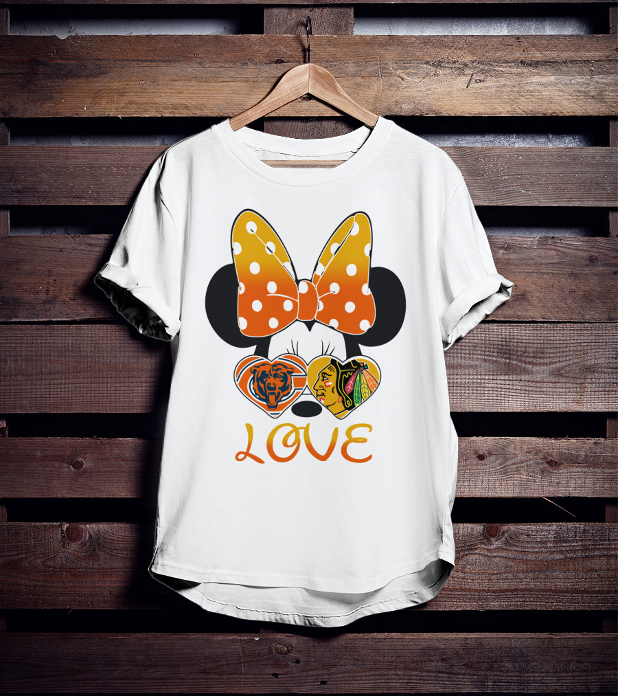 Minnie Mouse Love Chicago Bears Blackhawks Bow T-Shirt