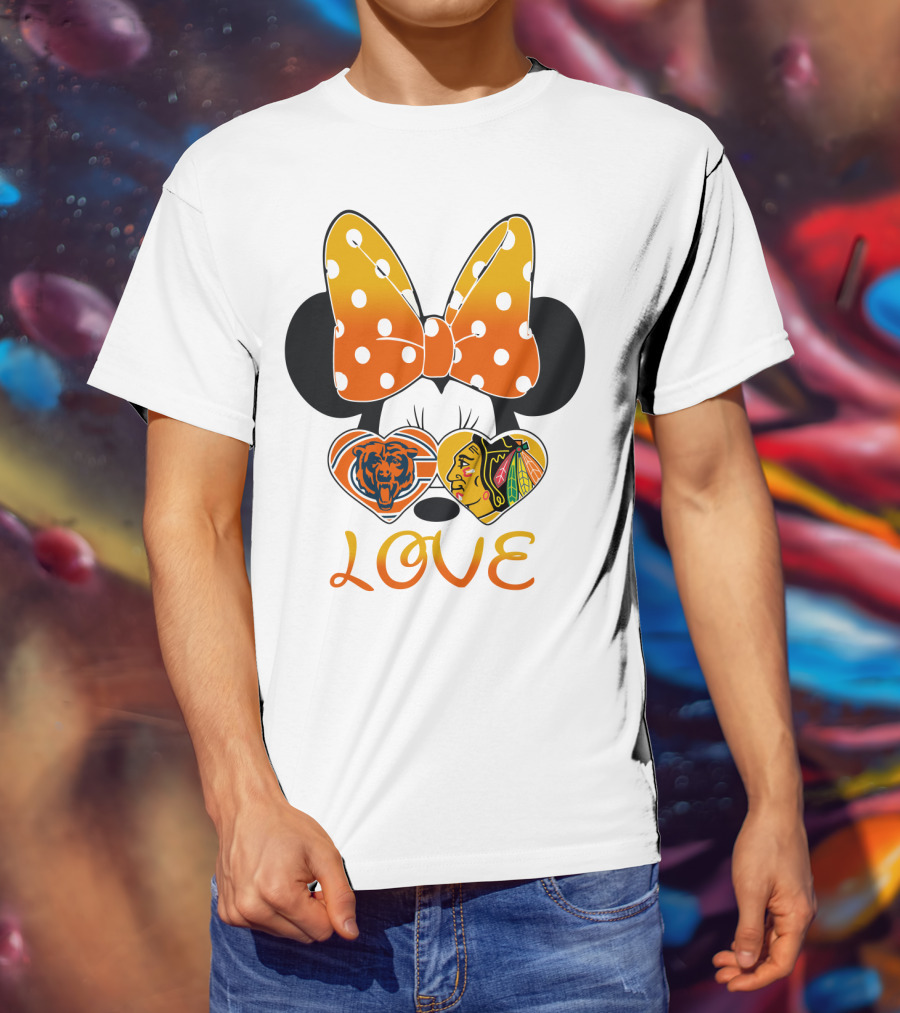 Minnie Mouse Love Chicago Bears Blackhawks Bow T-Shirt