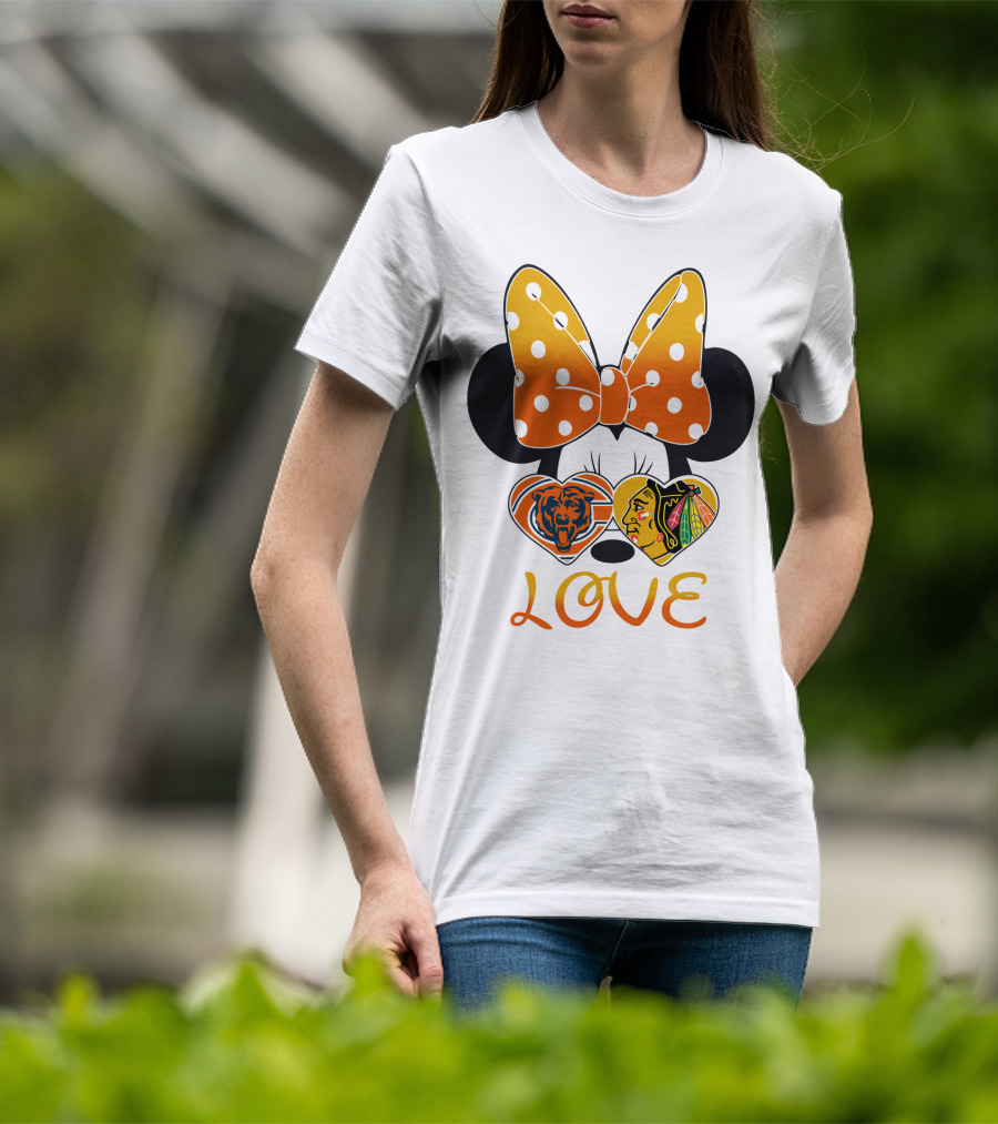 Minnie Mouse Love Chicago Bears Blackhawks Bow T-Shirt