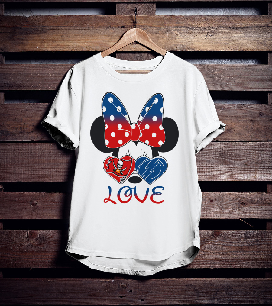 Love Minnie Bow Red And Blue Hearts With Buccaneers And Lightning Logos T-Shirt