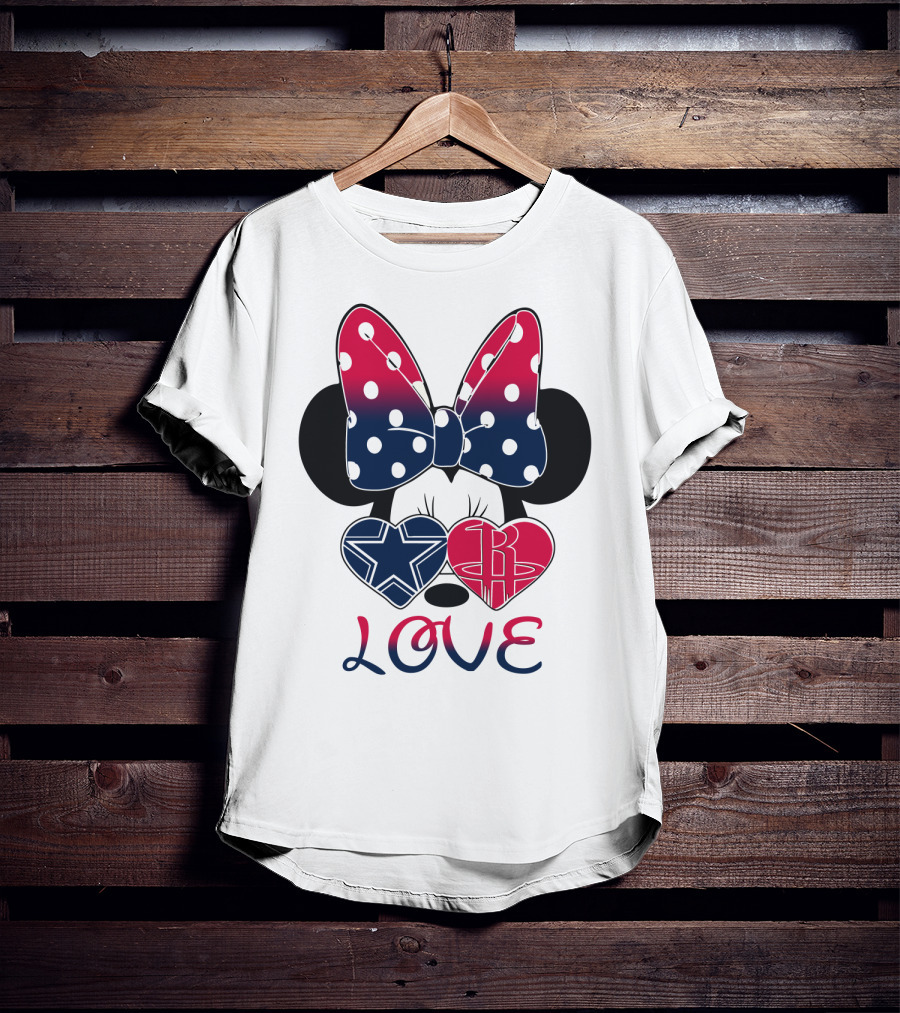Love Minnie Bow Dallas Cowboys Houston Rockets Hearts T-Shirt