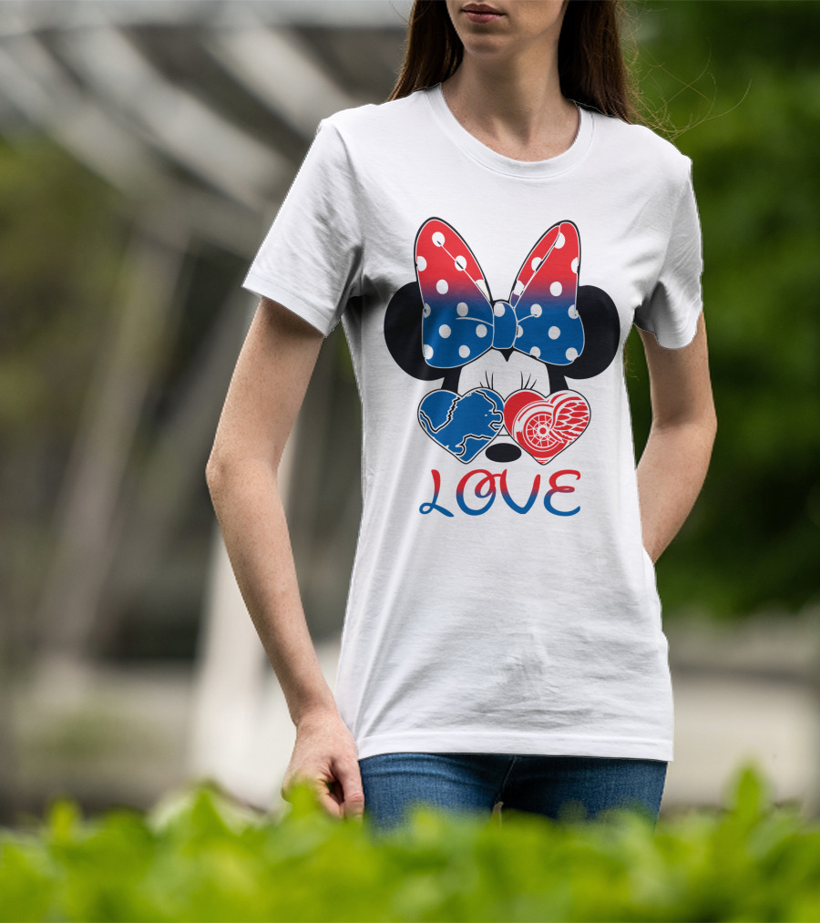 Love Minnie Mouse Detroit Lions Red Wings Bow Hearts T-Shirt