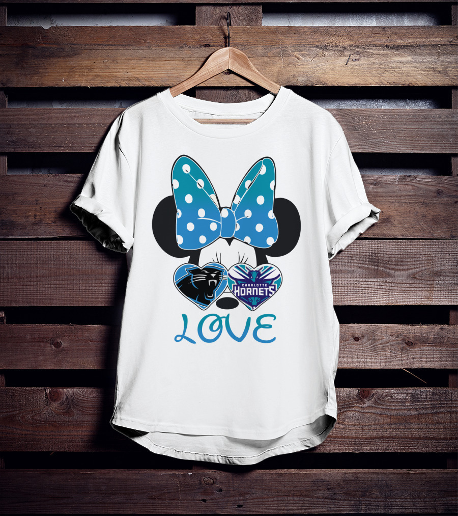 Minnie Mouse Love Carolina Panthers Charlotte Hornets Bow Hearts T-Shirt