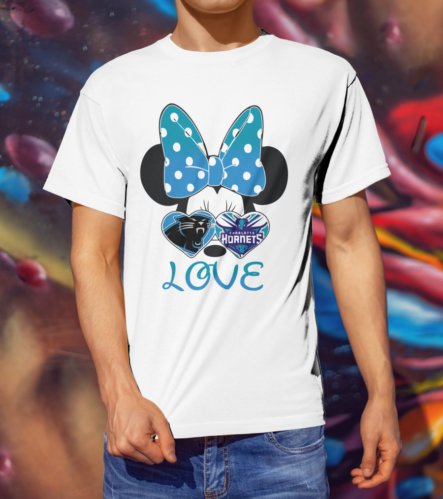 Minnie Mouse Love Carolina Panthers Charlotte Hornets Bow Hearts T-Shirt