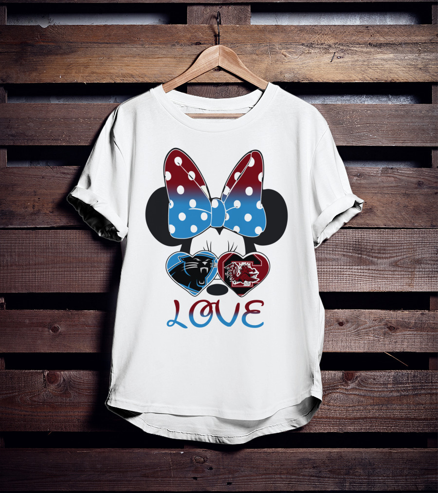 Love Carolina Panthers South Carolina Gamecocks Minnie Bow Hearts T-Shirt