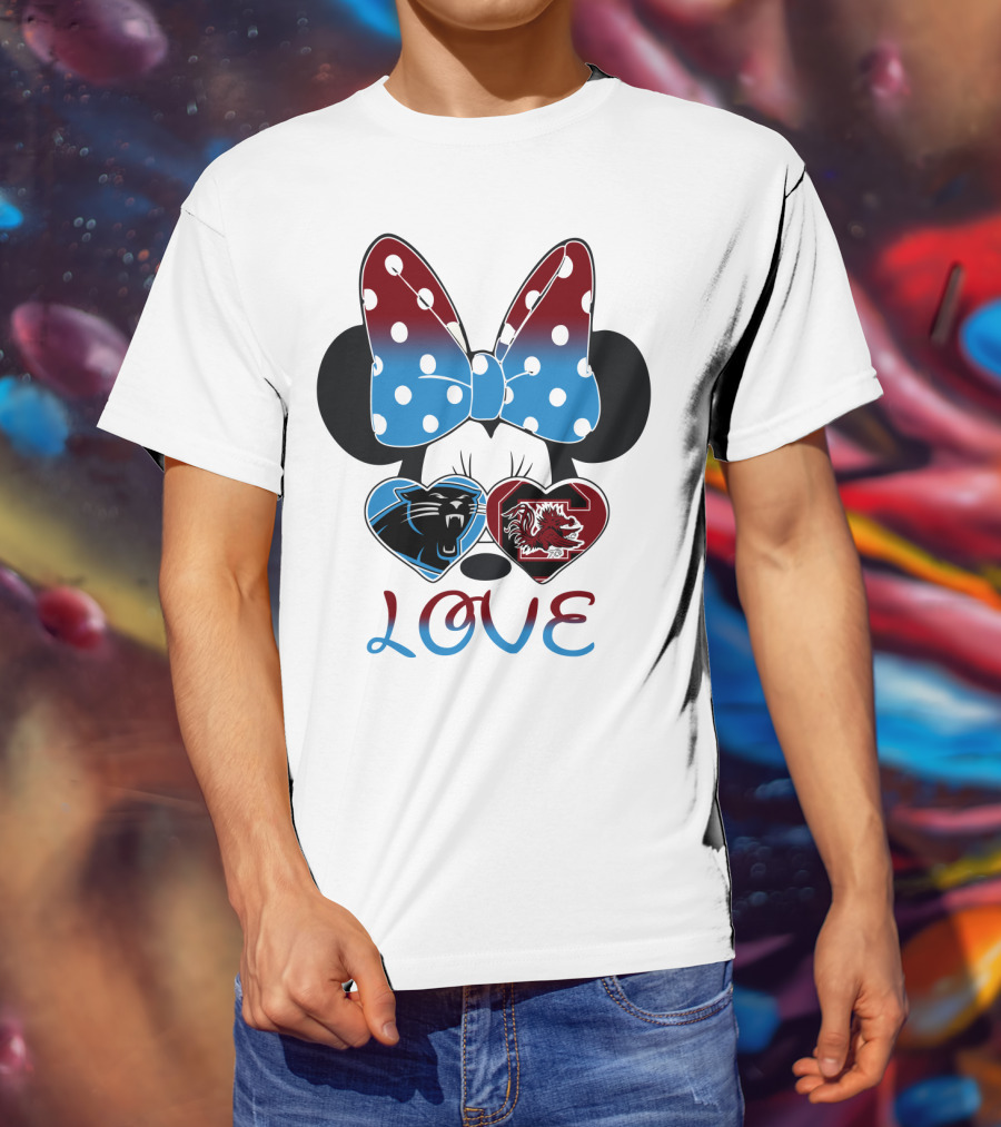 Love Carolina Panthers South Carolina Gamecocks Minnie Bow Hearts T-Shirt