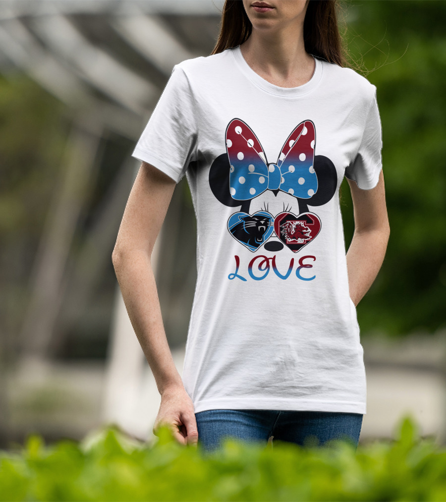 Love Carolina Panthers South Carolina Gamecocks Minnie Bow Hearts T-Shirt