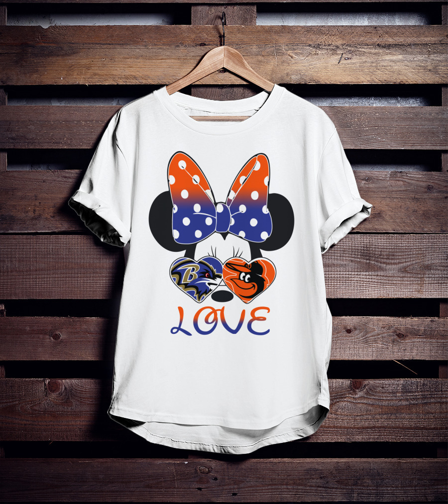 Love Baltimore Ravens Orioles Minnie Mouse Bow T-Shirt