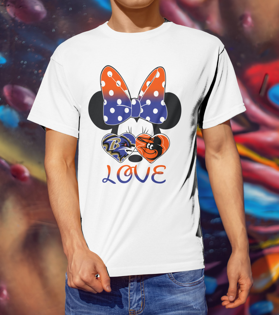 Love Baltimore Ravens Orioles Minnie Mouse Bow T-Shirt
