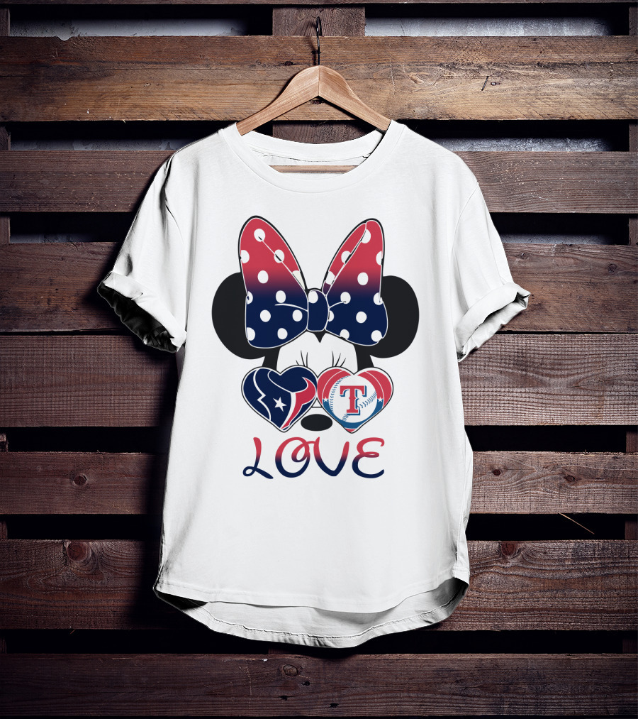 Minnie Bow Love Texans Rangers Hearts T-Shirt