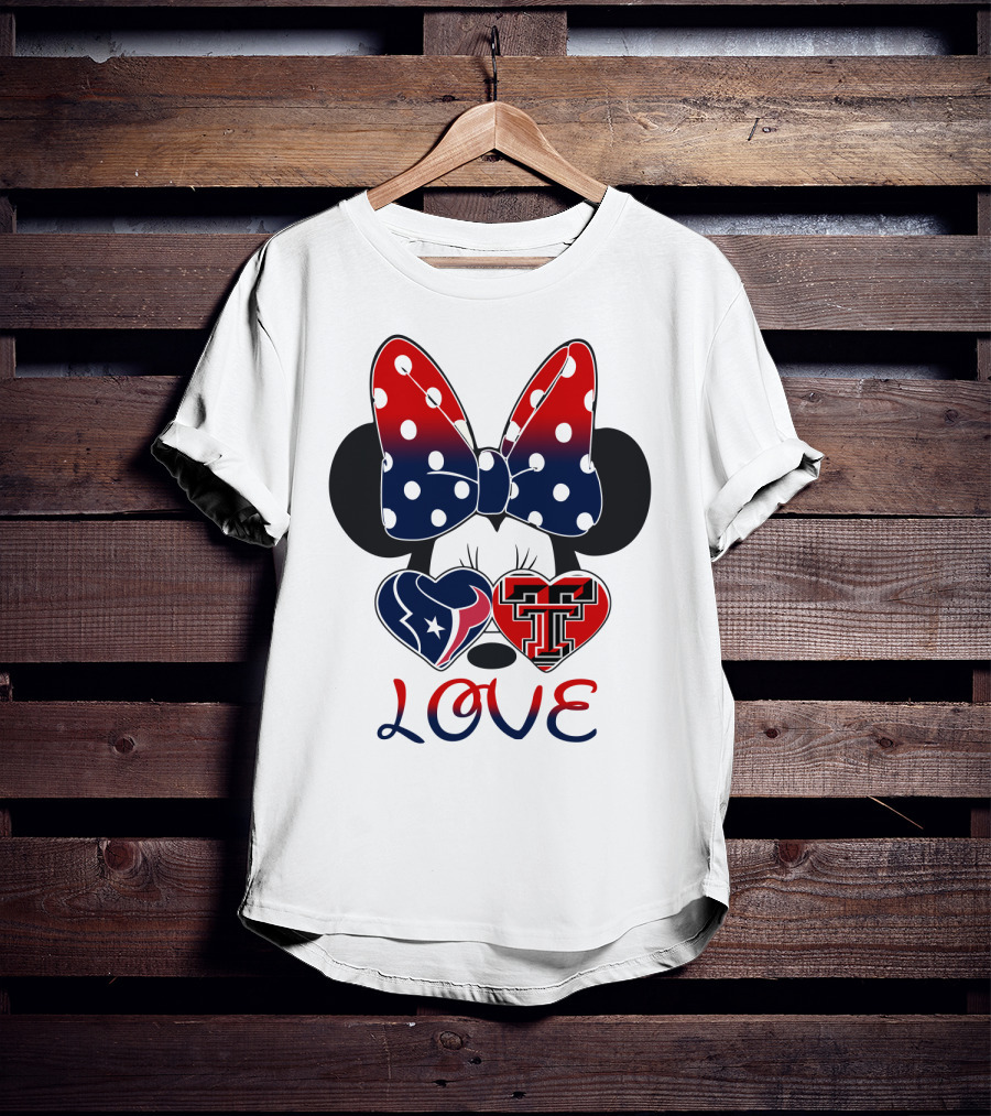 Minnie Mouse Love Texans And Texas Tech Hearts Bow T-Shirt