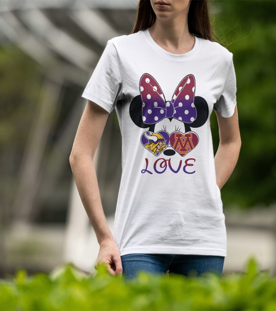 Minnie Mouse Bow Love Vikings Minnesota U Logo Hearts T-Shirt
