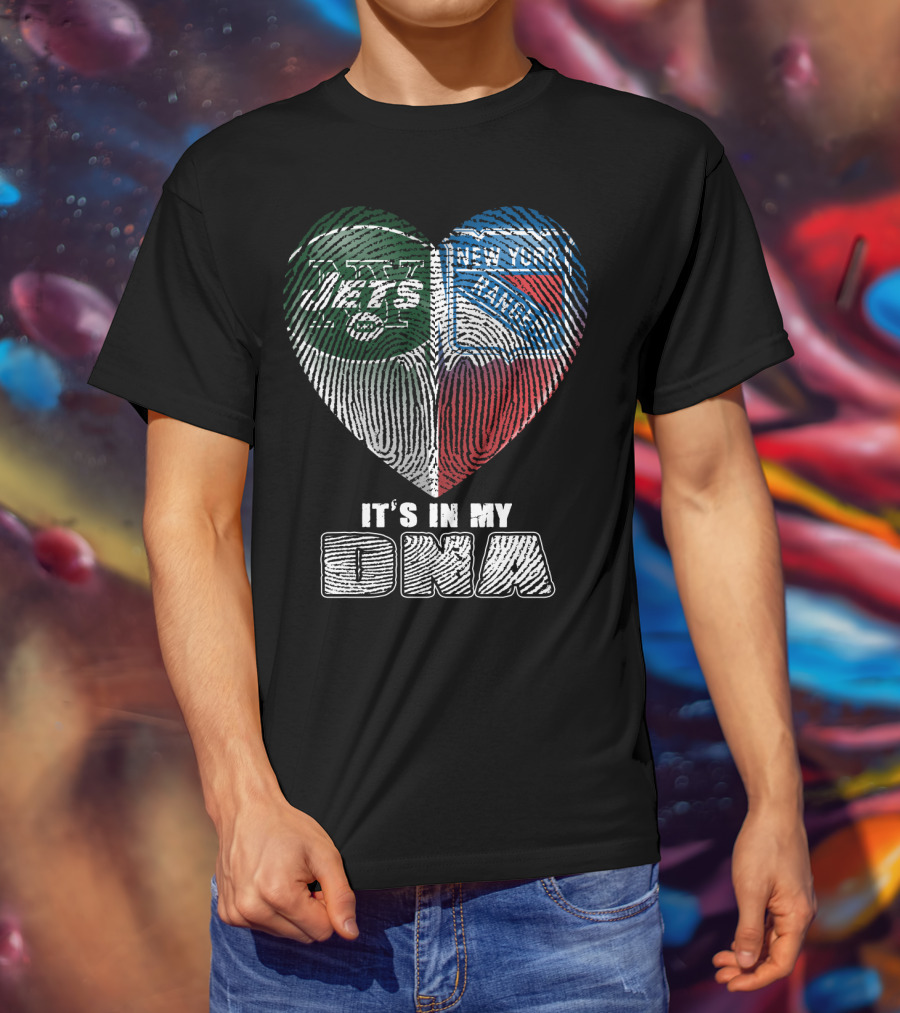 New York Jets And Rangers It's In My Dna Heart Fingerprint T-Shirt