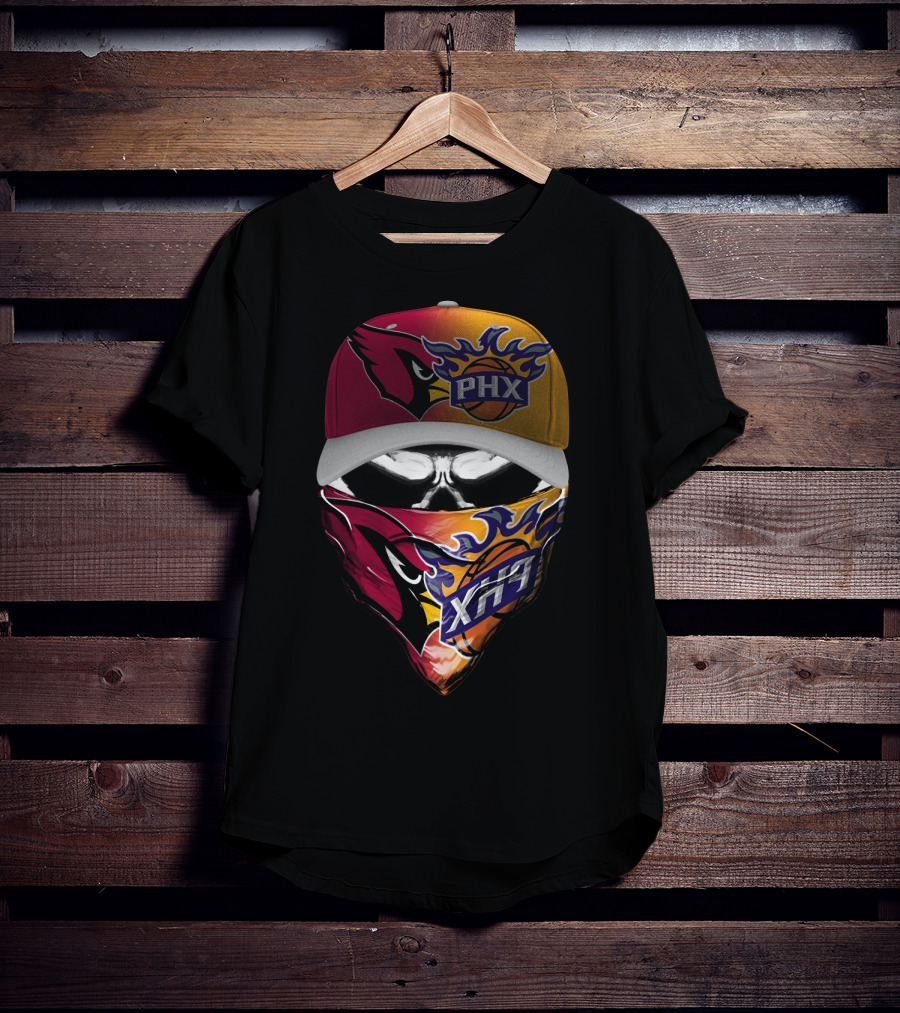 Phx Cardinals Suns Crossover Flame Skull Headwear T-Shirt