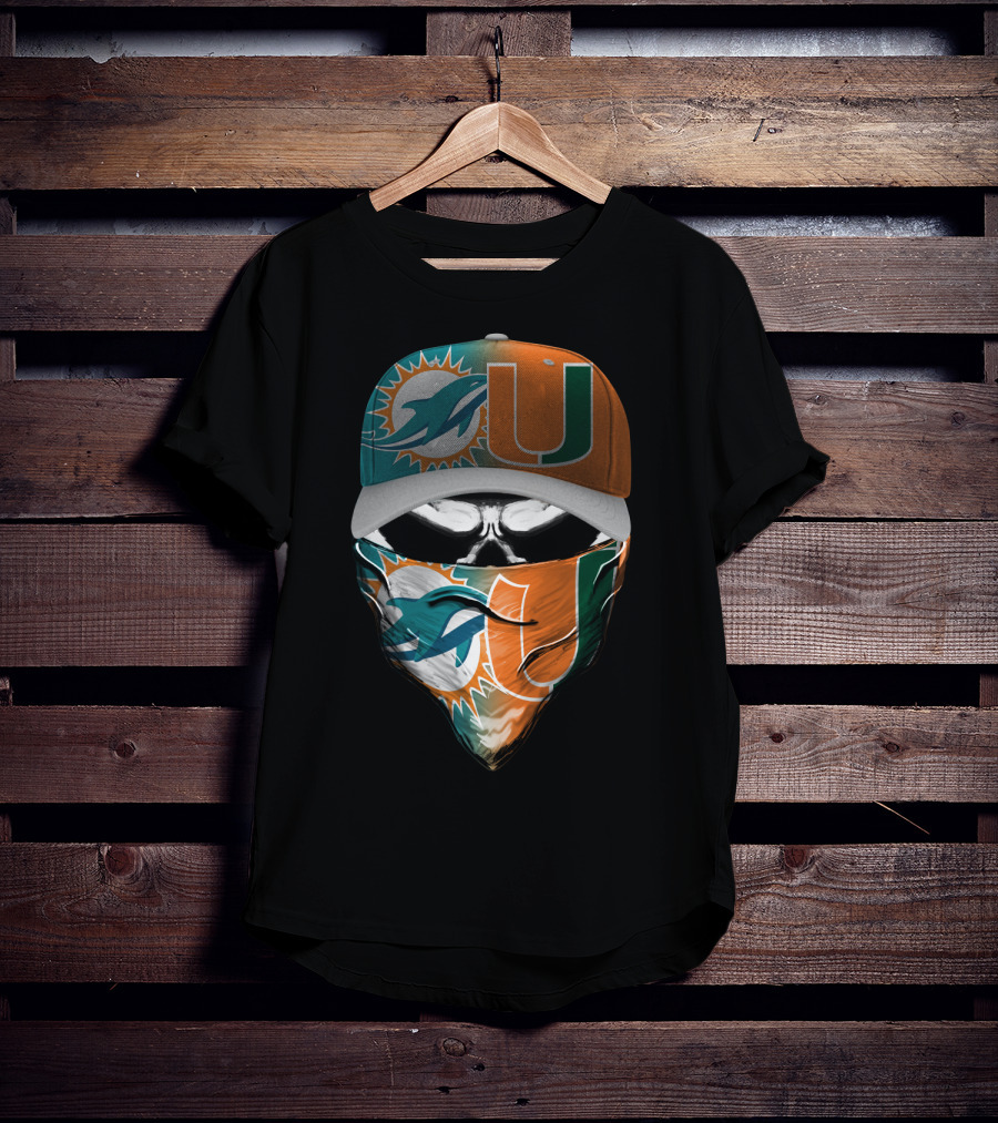 Miami Dolphins And University Of Miami Logo Face Mask And Cap Design Skull Style T-Shirt