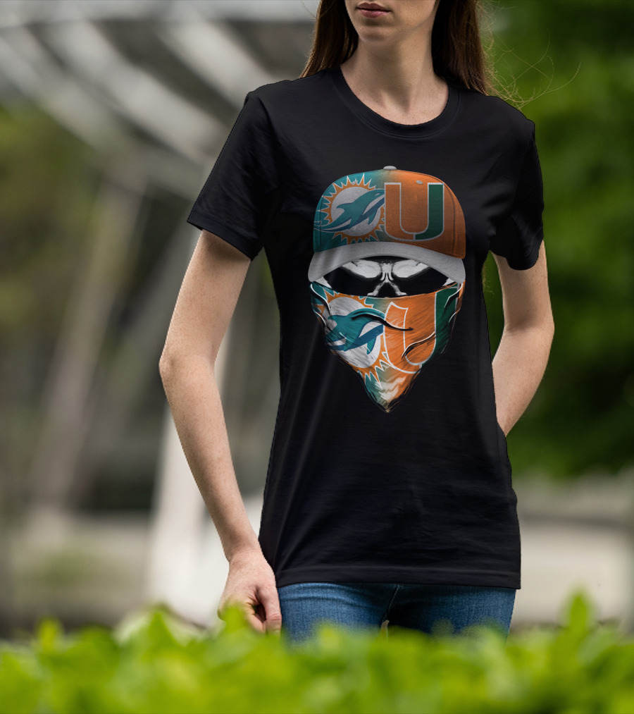 Miami Dolphins And University Of Miami Logo Face Mask And Cap Design Skull Style T-Shirt