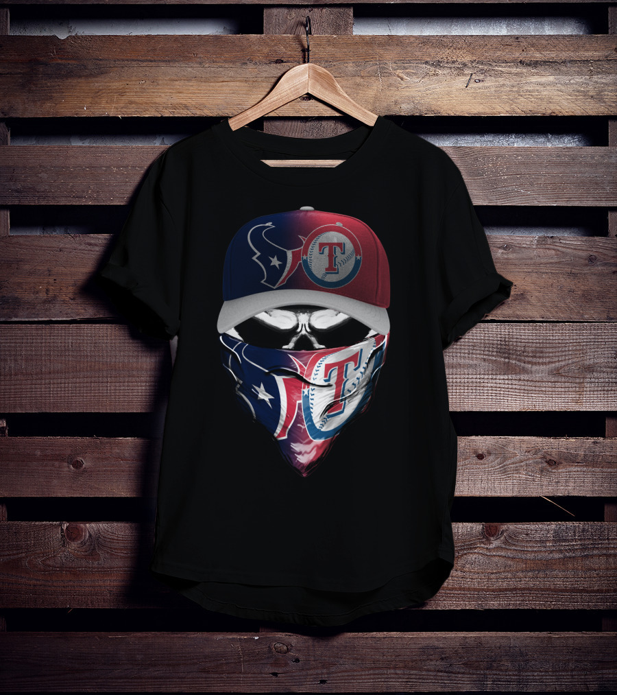 Houston Texans And Texas Rangers Skull Bandana Hat Dual Theme T-Shirt