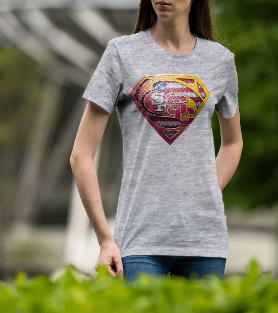 Superman Shield With San Francisco And Usc Logos Merged Over American Flag T-Shirt