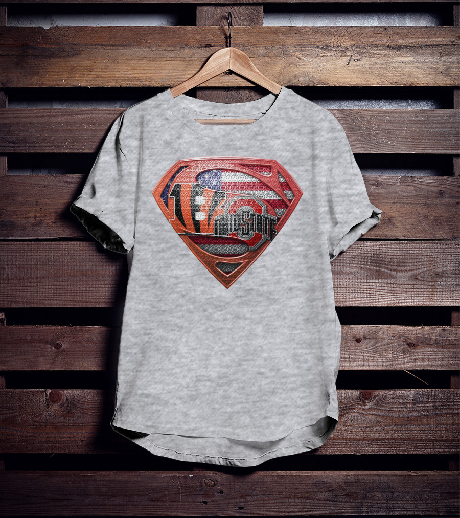 Superman Shield With Cincinnati Bengals Tiger Stripes Ohio State Logo And American Flag T-Shirt